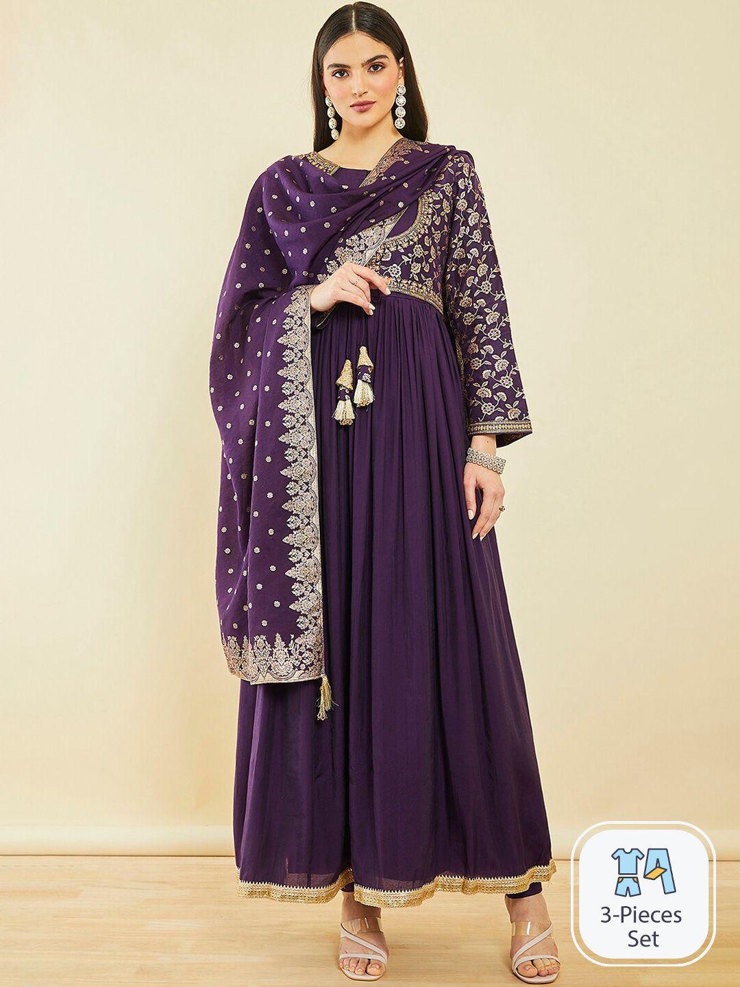 soch ethnic motifs embroidered empire kurta & churidar & with dupatta