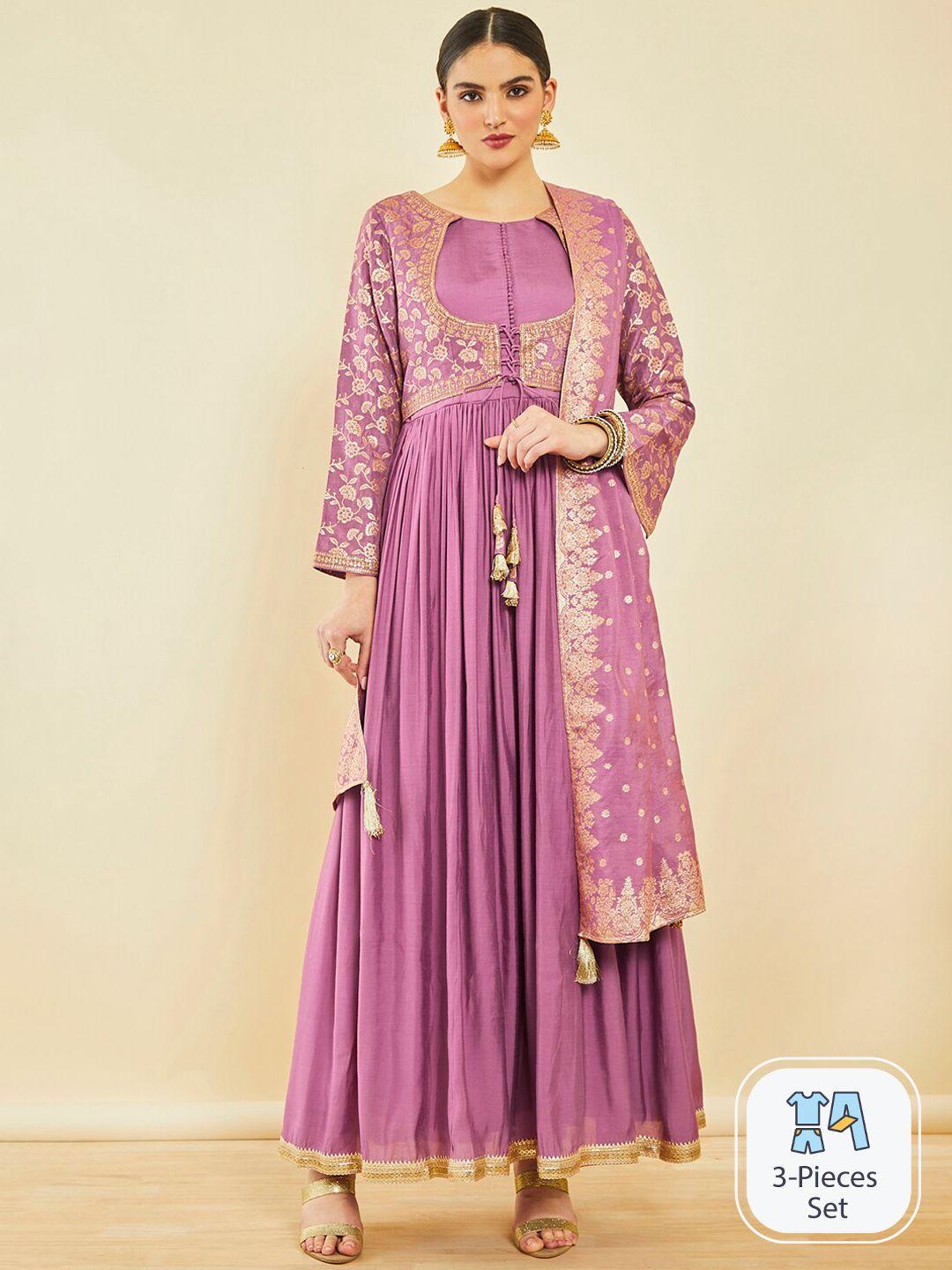 soch ethnic motifs printed regular kurta & churidar with dupatta