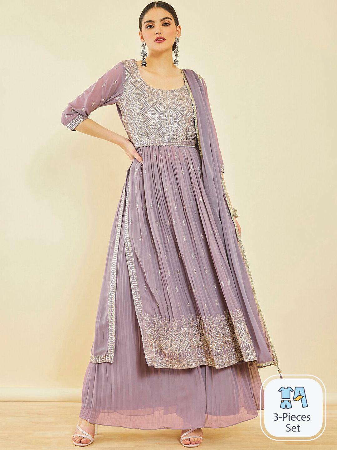 soch ethnic motifs embroidered high slit sequinned kurta with palazzos & dupatta