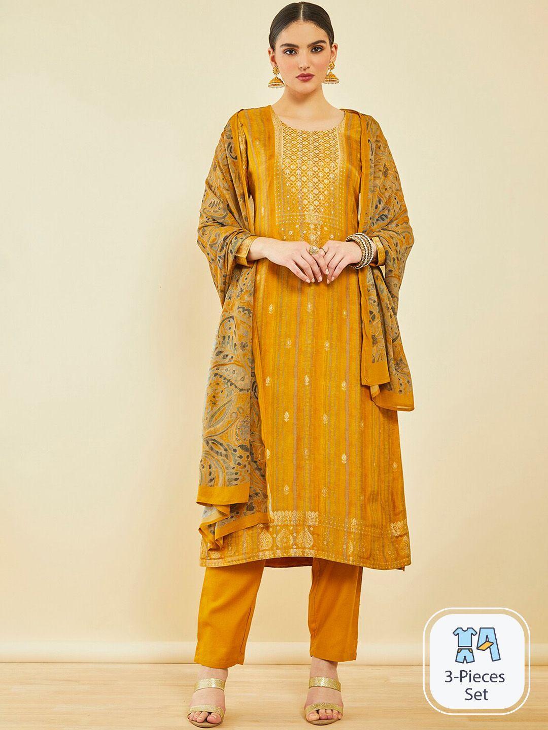 soch ethnic motifs woven design zari kurta with trousers & dupatta