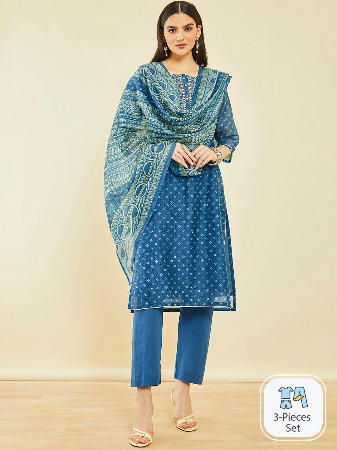 soch bandhani printed regular gotta patti kurta with trousers & dupatta