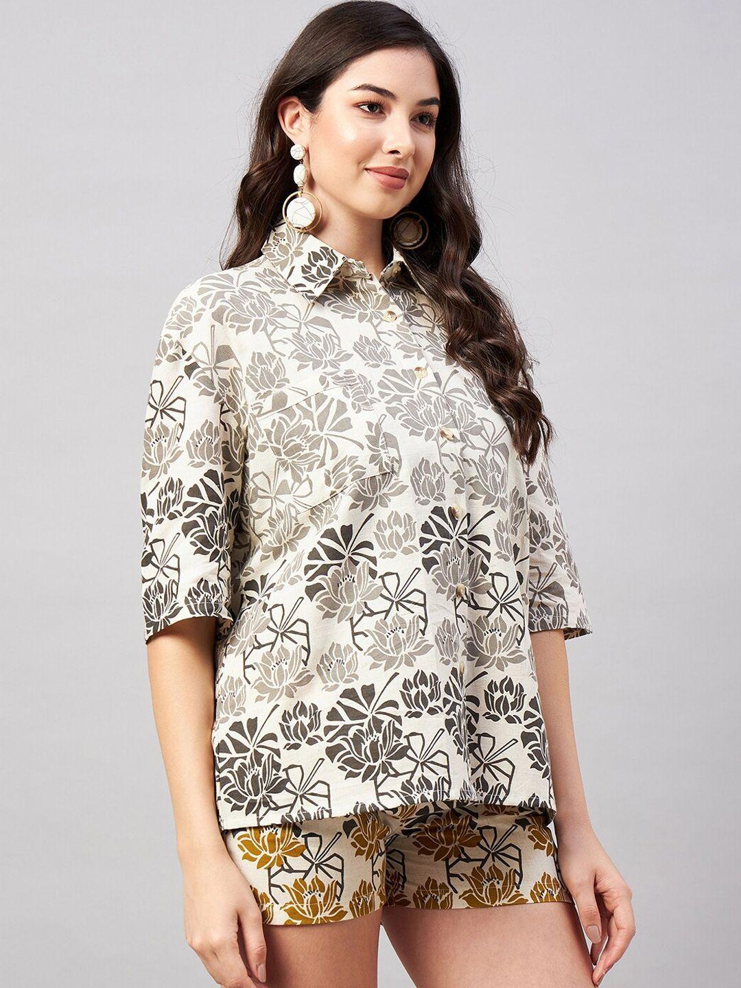 winered printed pure cotton oversized shirt with shorts co-ords