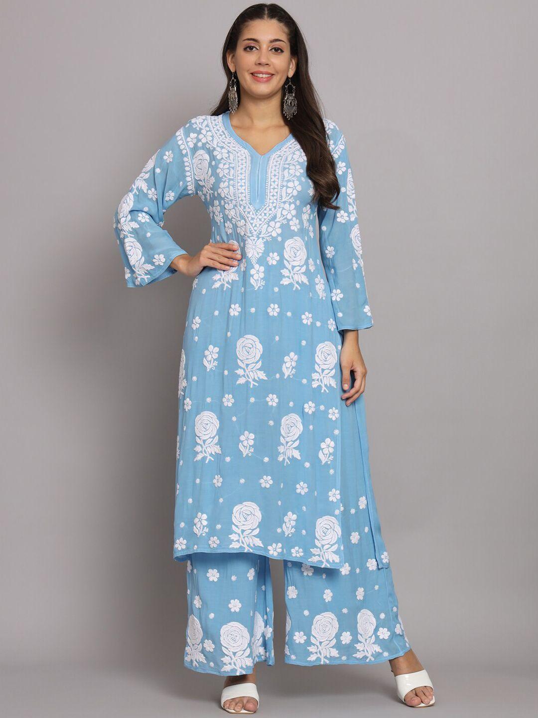 paramount chikan floral embroidered regular chikankari kurta with palazzos