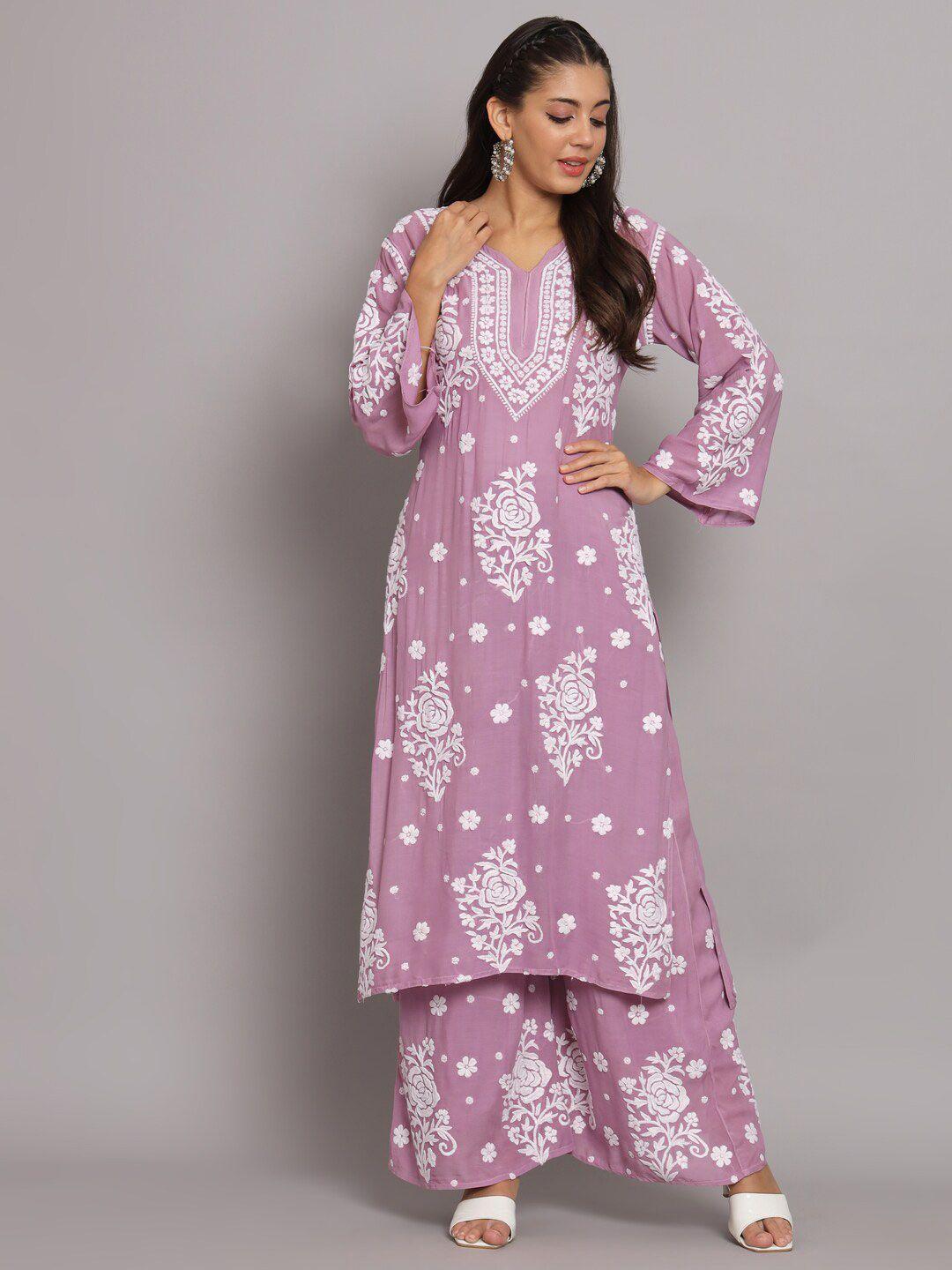 paramount chikan floral embroidered regular chikankari kurta with palazzos