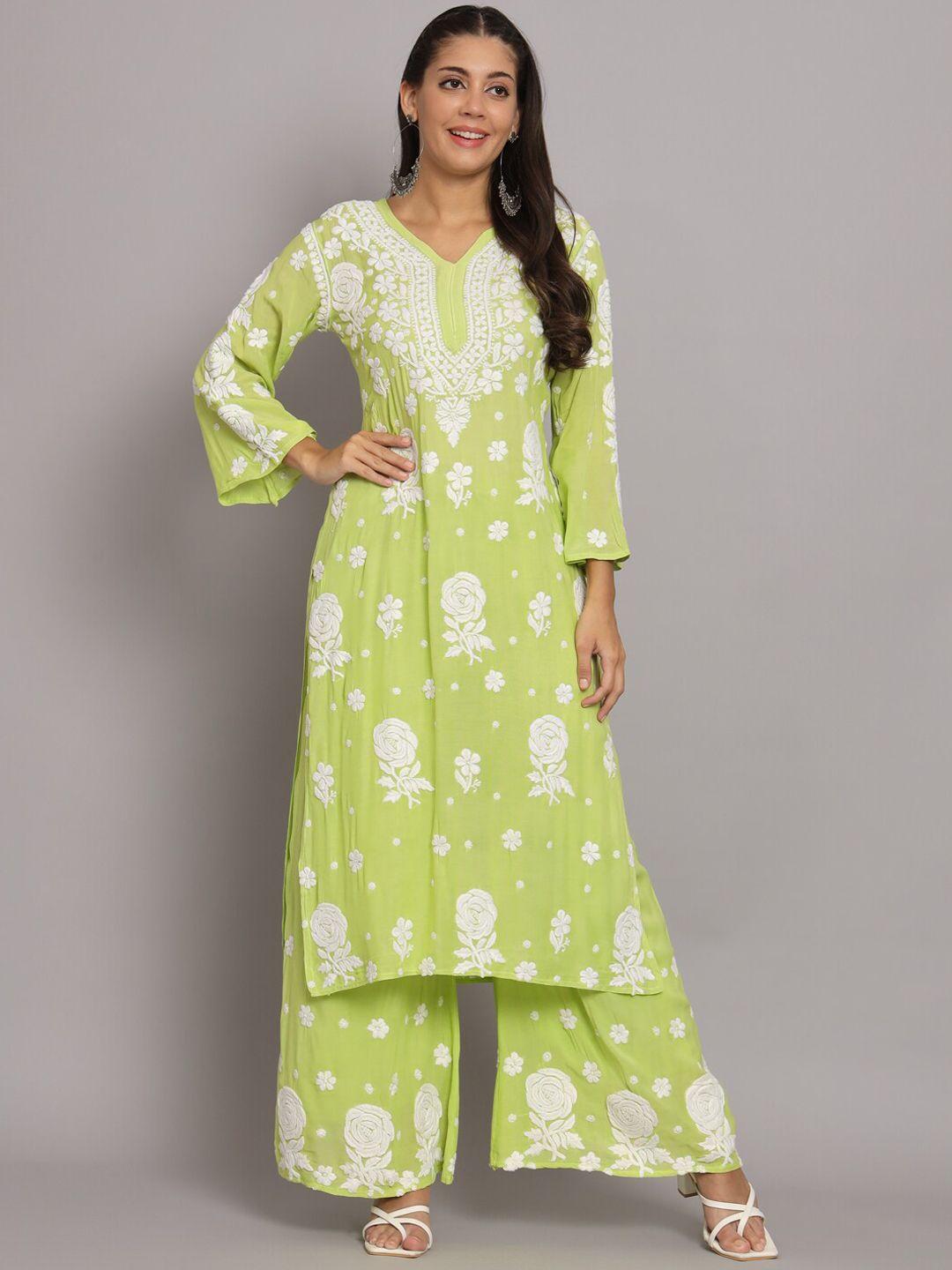 paramount chikan floral embroidered regular chikankari kurta with palazzos