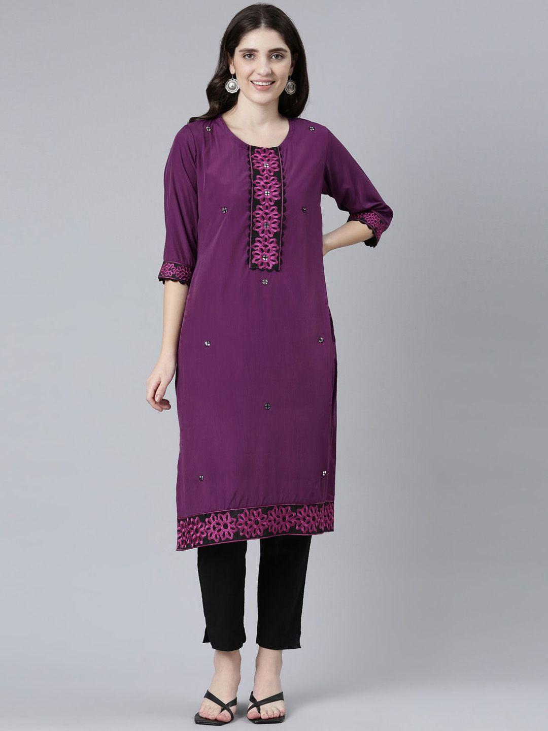 neerus floral embroidered mirror work straight kurta