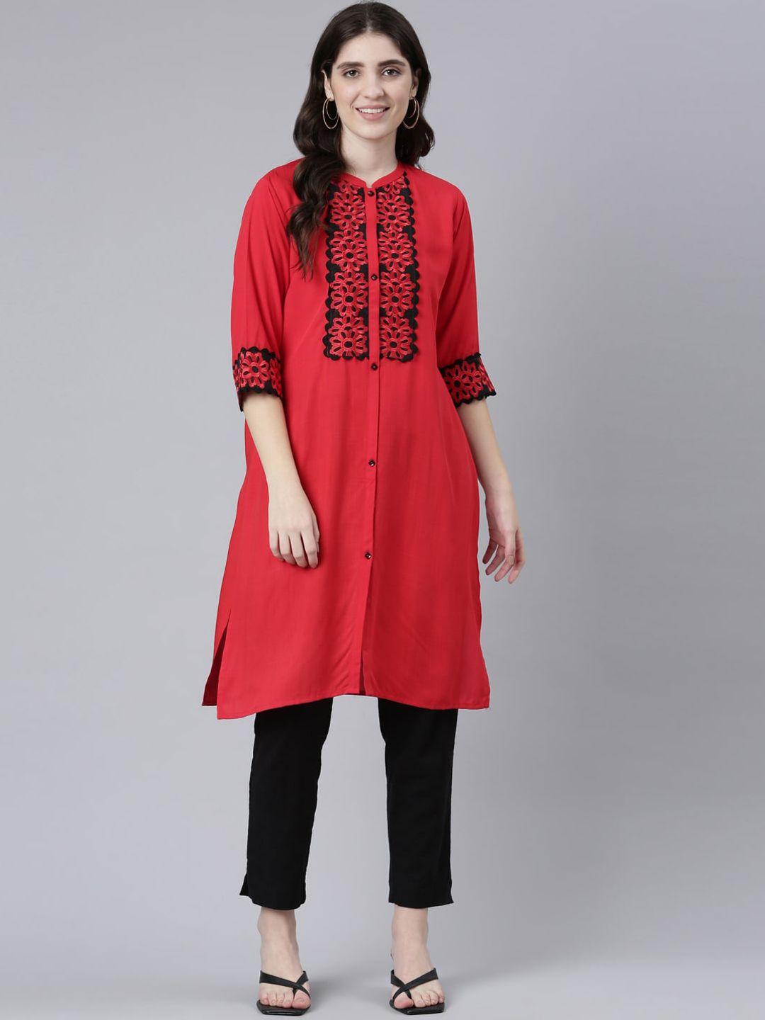 neerus floral embroidered round neck straight kurta