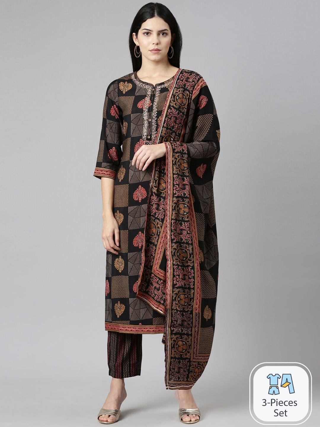 neerus geometric printed regular beads and stones kurta with trousers & dupatta