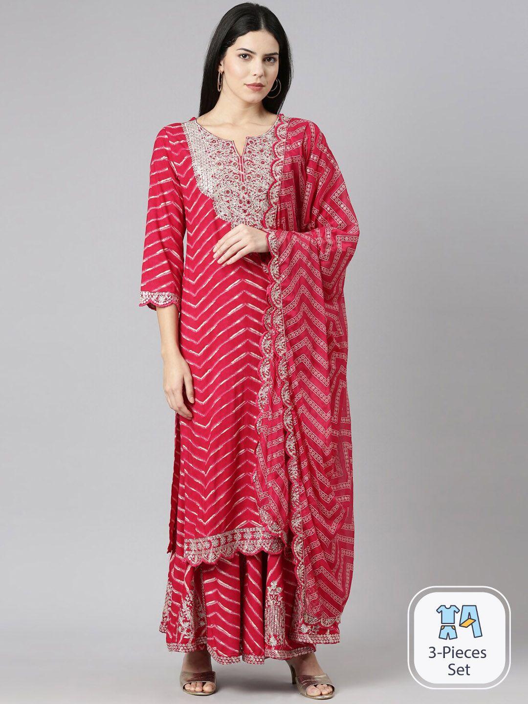 neerus chevron printed aari work kurta with sharara & dupatta