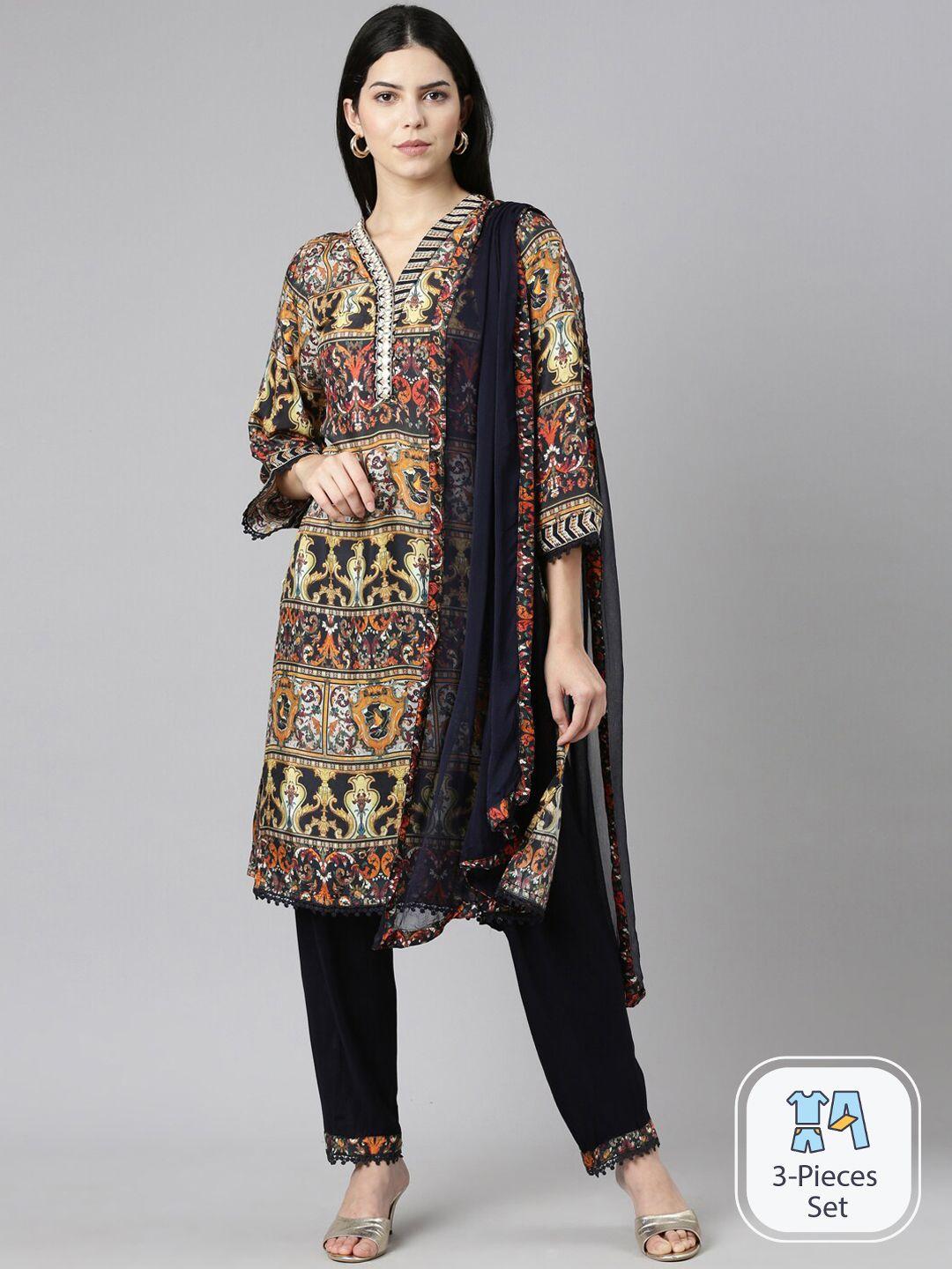 neerus ethnic motifs printed regular kurta with trousers & with dupatta