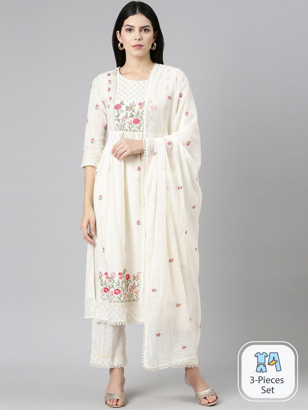 neerus floral embroidered thread work kurta with trousers & dupatta