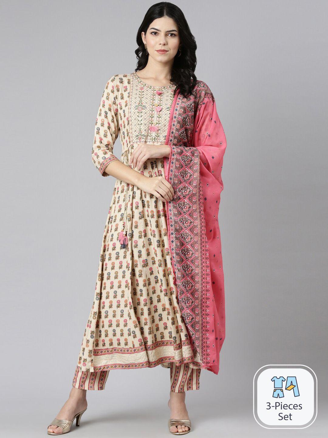 neerus floral printed regular thread work kurta with trousers & dupatta