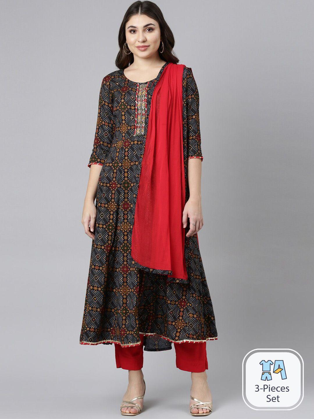 neerus geometric printed regular kurta with trousers & with dupatta