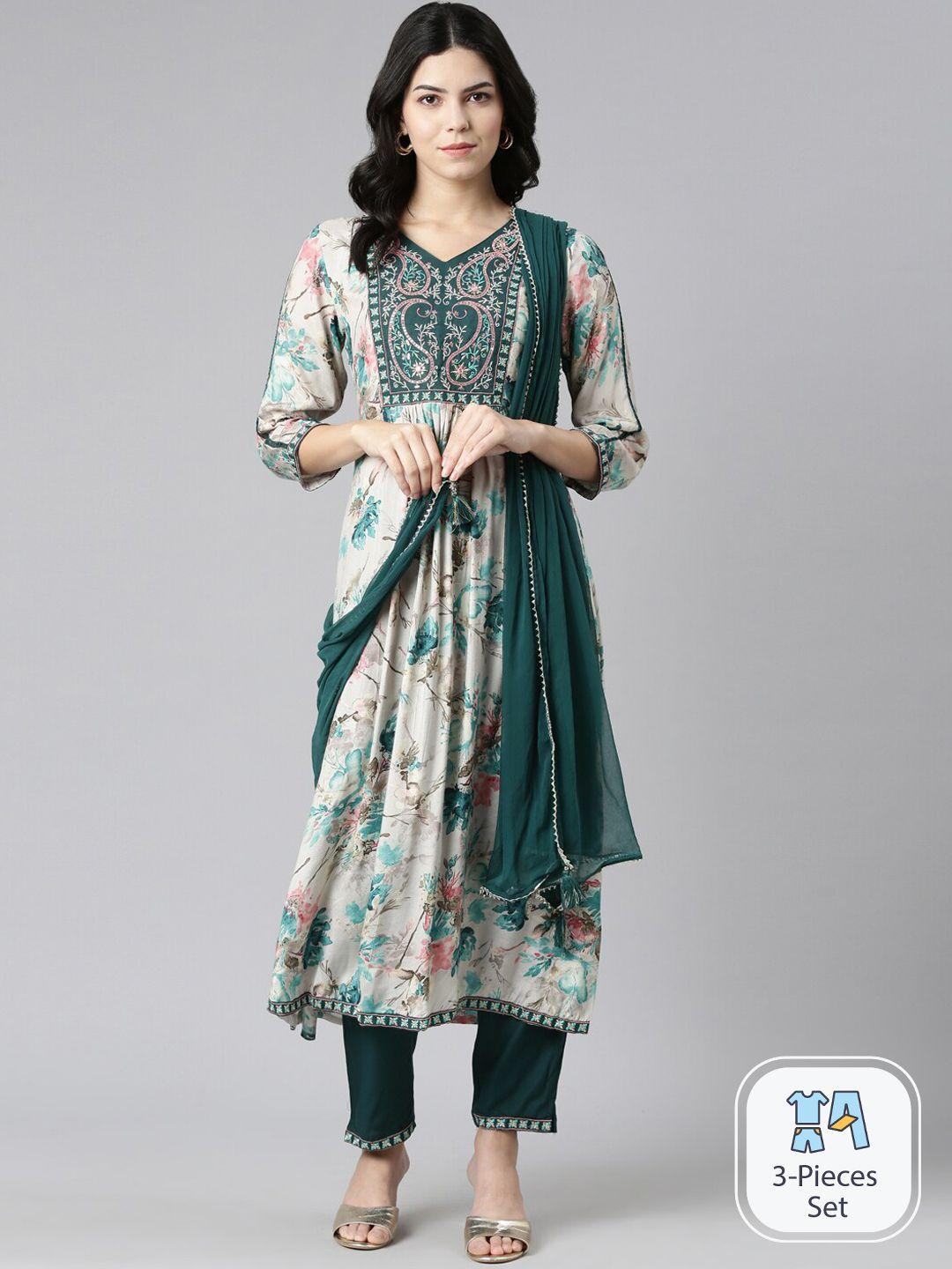 neerus floral printed thread work kurta with trousers & dupatta