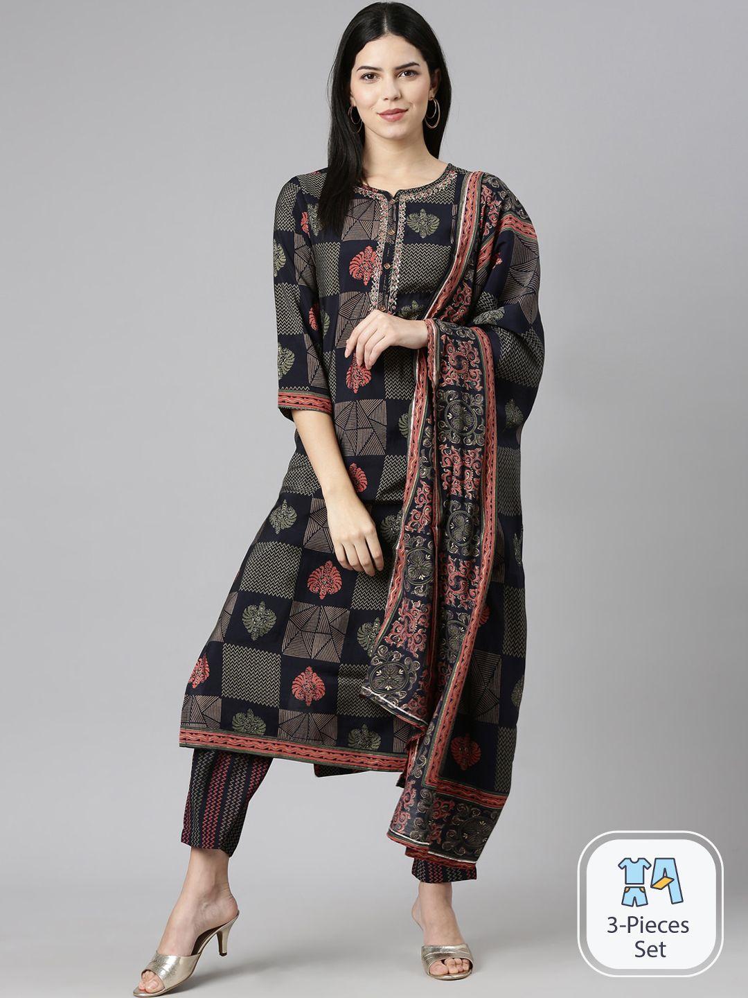 neerus ethnic motifs printed round neck beads and stones kurta set with dupatta