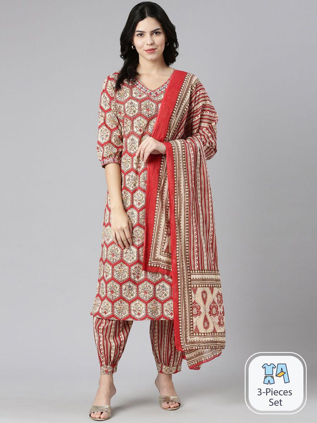 neerus floral printed thread work kurta with harem pants & with dupatta