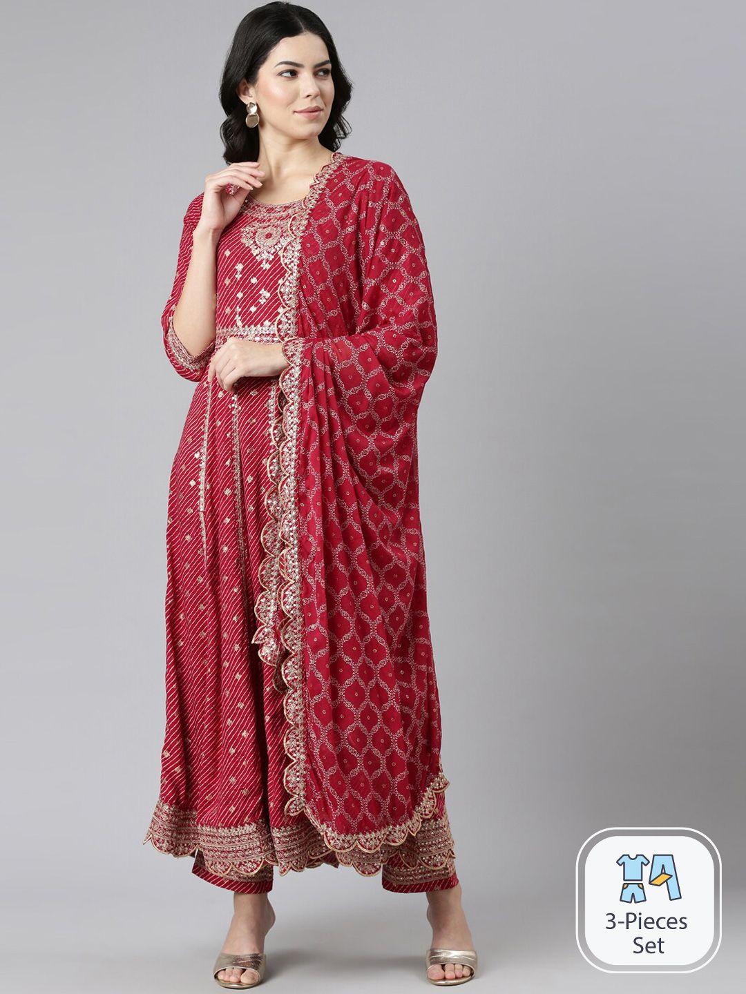 neerus floral embroidered sequinned anarkali kurta with trousers & dupatta