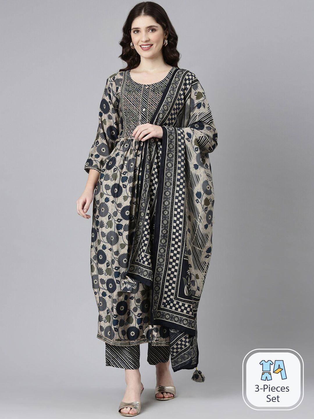 neerus ethnic motifs printed sequinned kurta with trousers & dupatta