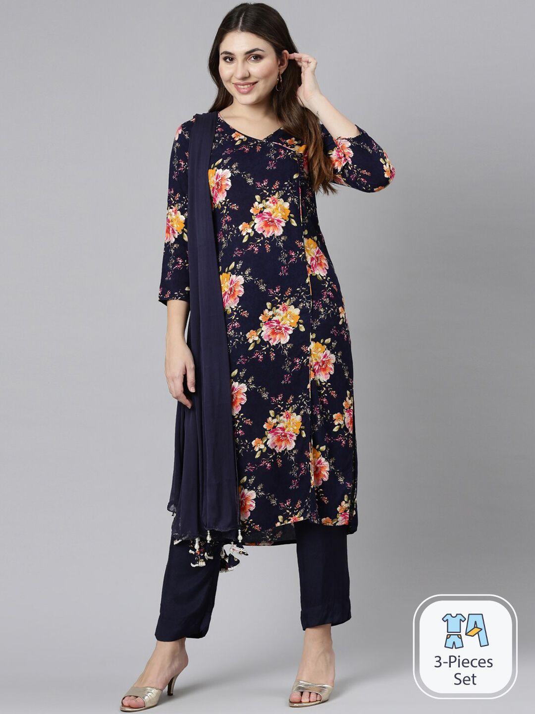 neerus floral printed angrakha kurta with trousers & dupatta