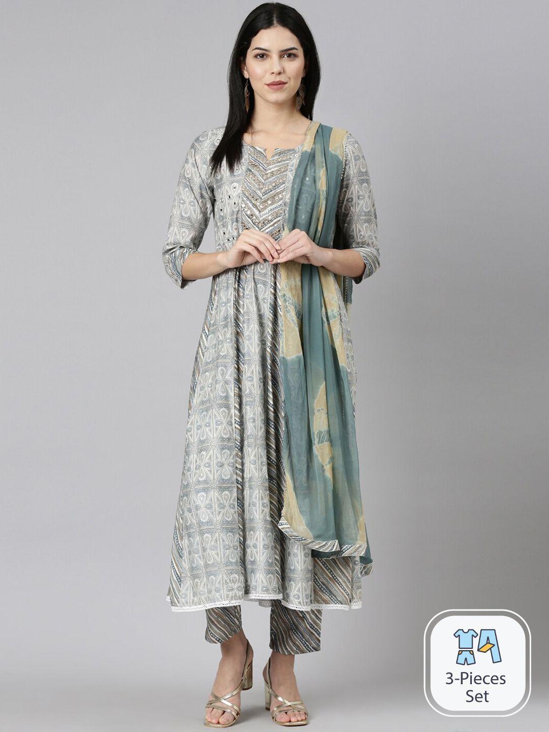 neerus ethnic motifs printed mirror work detail a-line kurta & trousers with dupatta