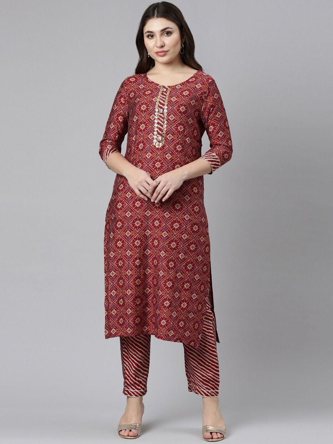 neerus ethnic motifs printed mirror work kurta with trousers