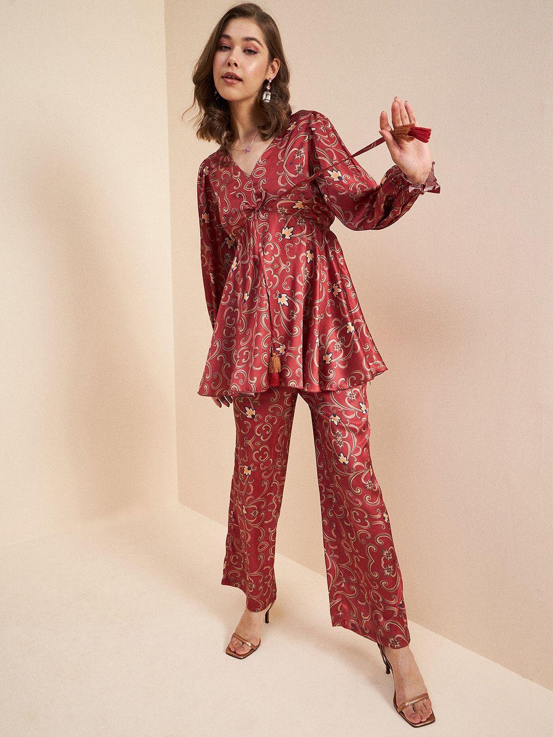 antheaa rust printed v-neck top & trousers