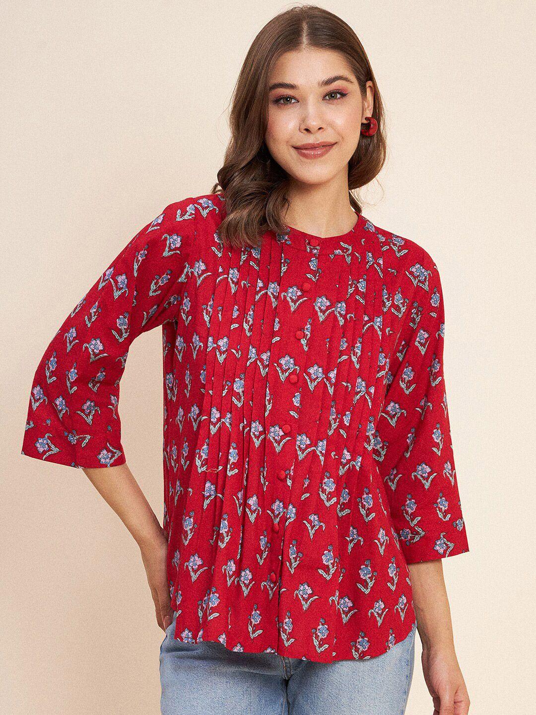 antheaa floral printed band collar pleated pure cotton top