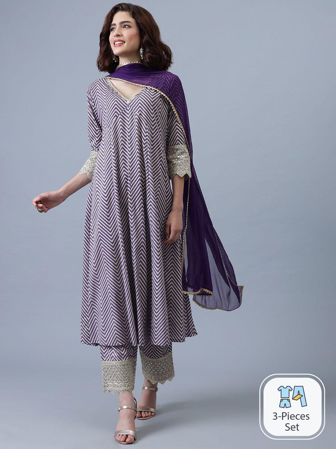 khushal k women purple printed empire gotta patti kurta with trousers & with dupatta