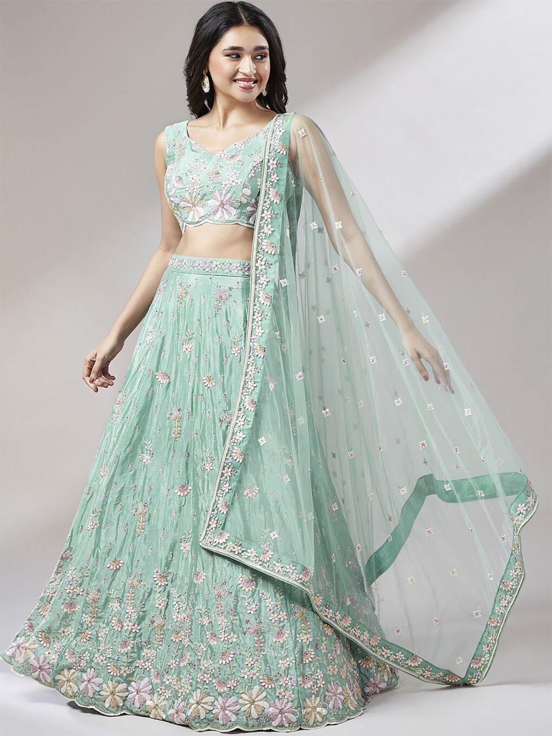 panchhi embroidered sequinned semi-stitched lehenga & unstitched blouse with dupatta