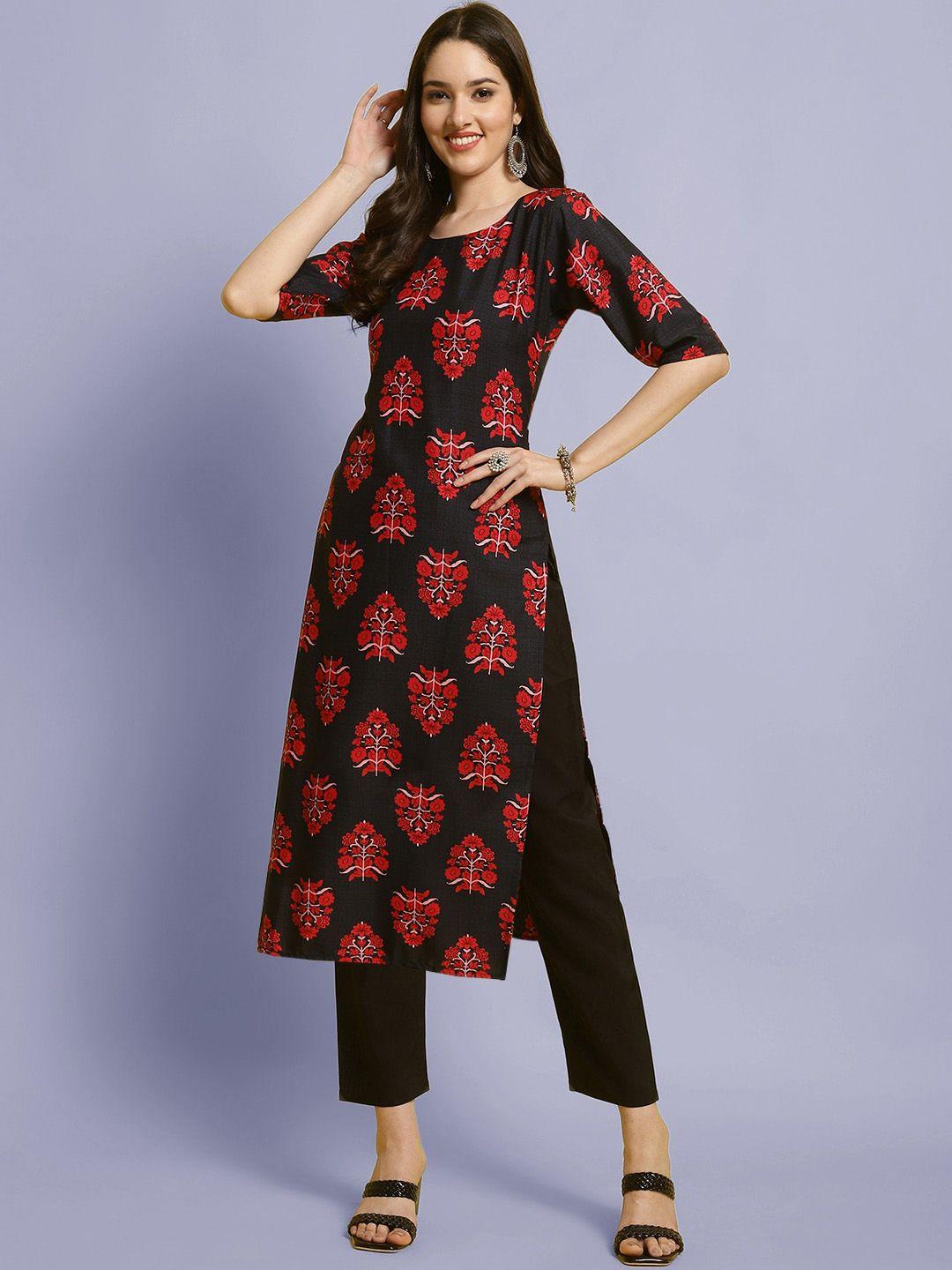 kalini ethnic motif printed round neck straight kurta with trousers