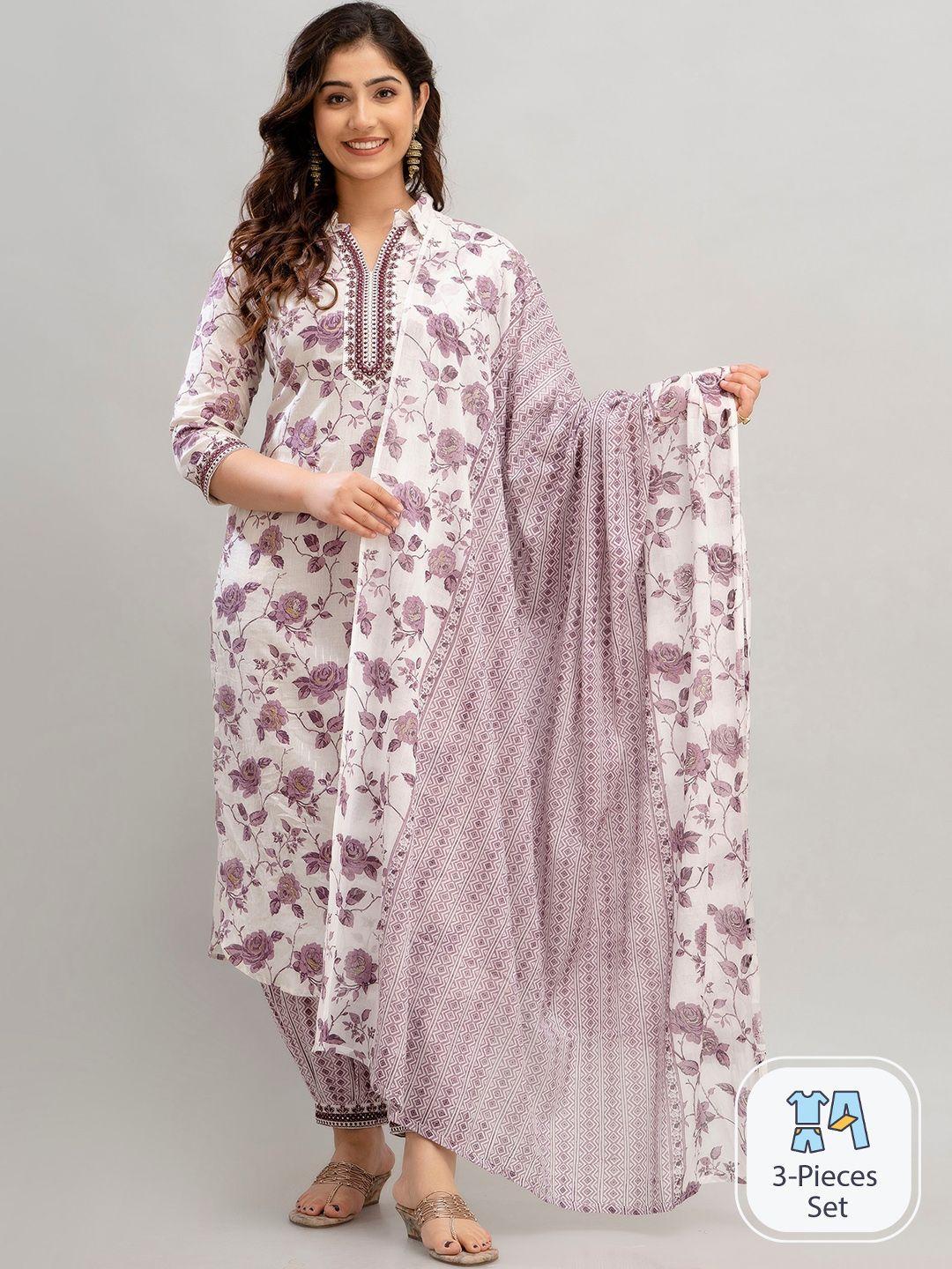 charu floral printed mirror work pure cotton kurta with harem pants & dupatta