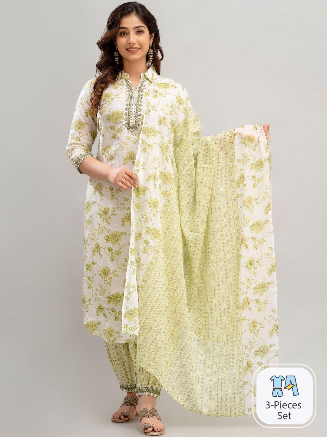 charu floral printed regular mirror work pure cotton kurta with patiala & dupatta