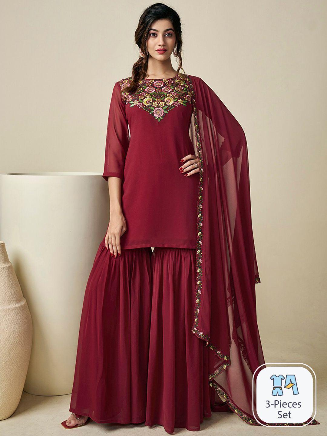 inddus floral embroidered regular thread work georgette kurta with sharara & with dupatta