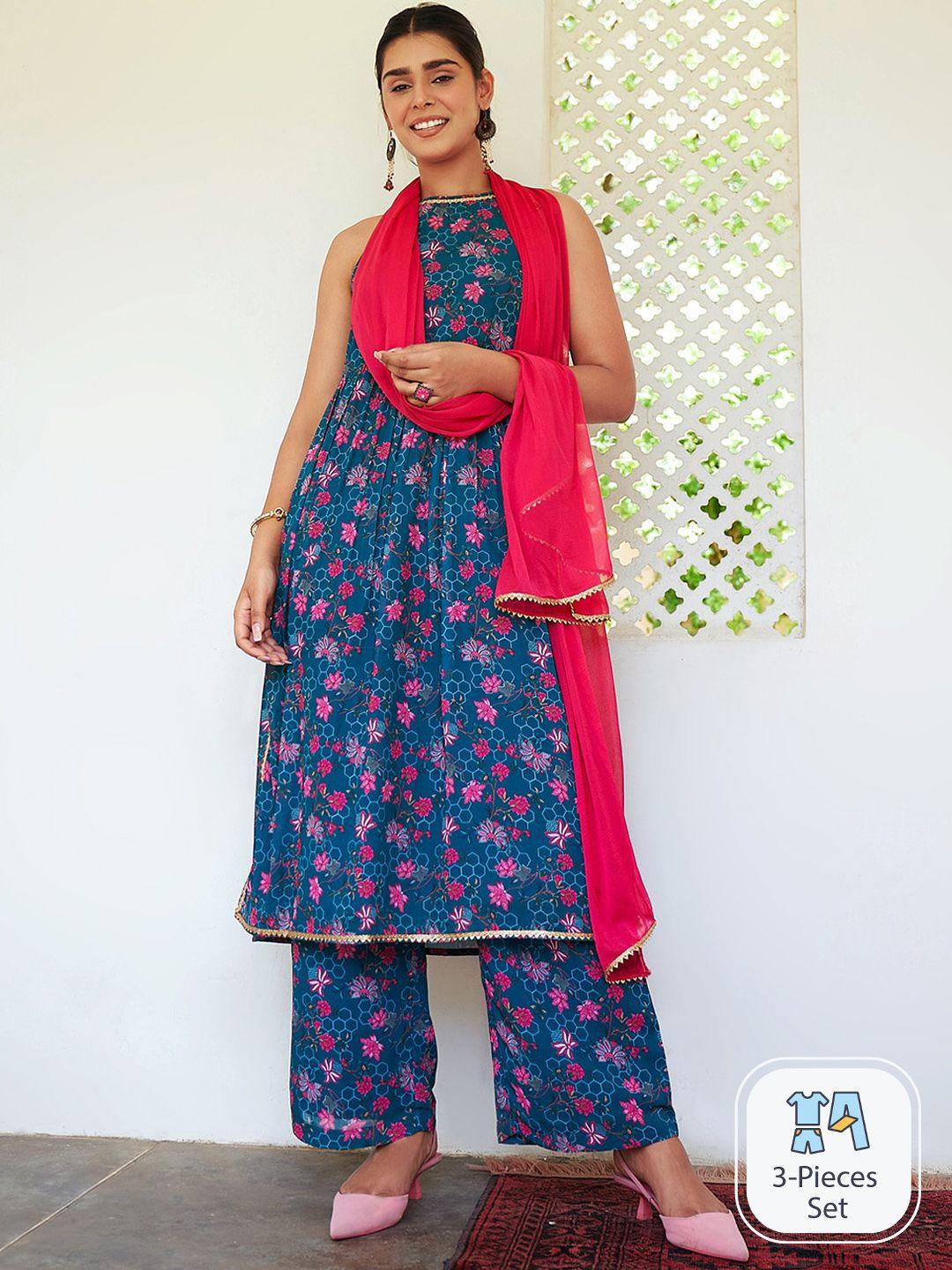 janasya floral printed anarkali kurta with palazzos & dupatta