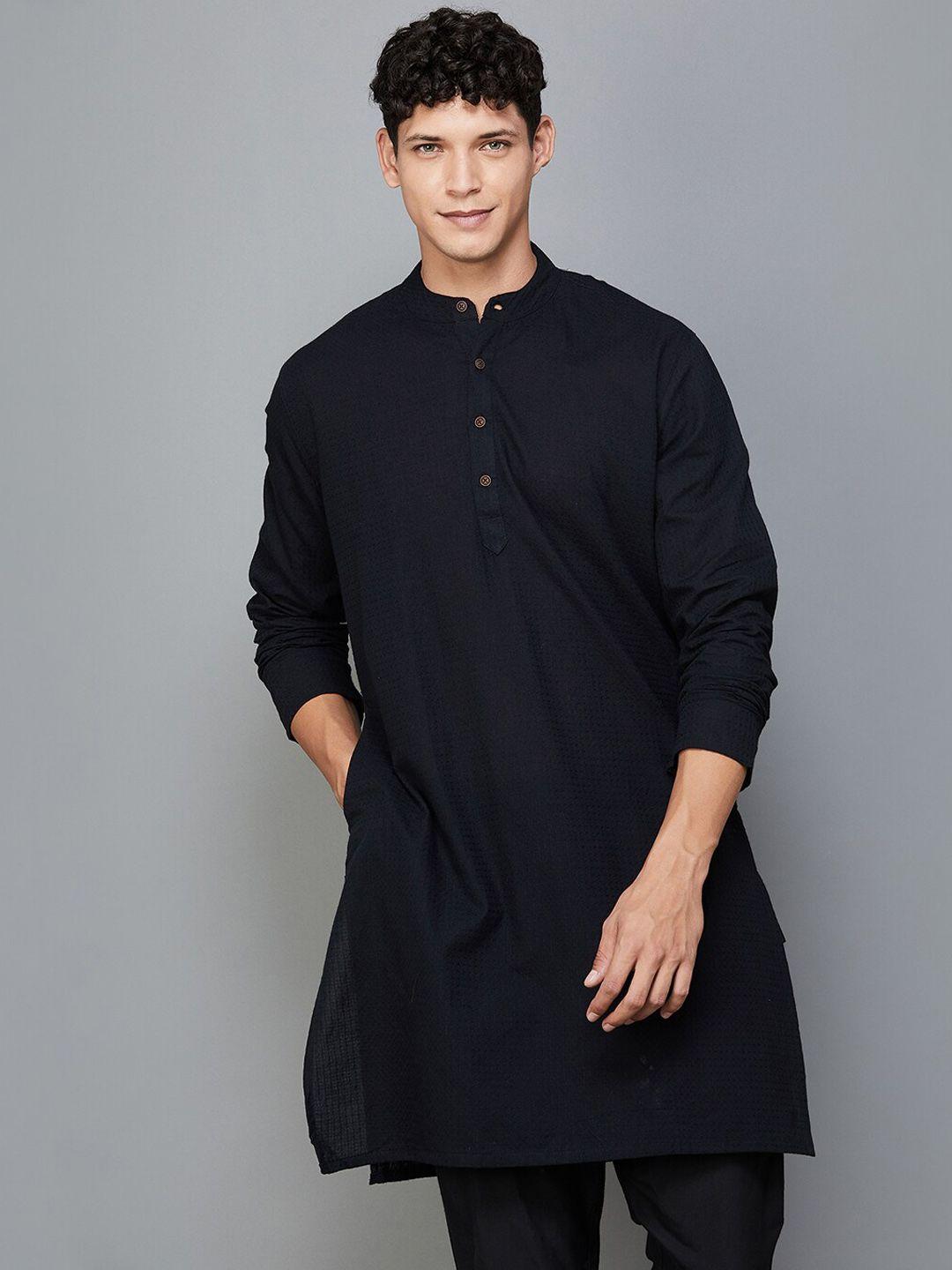 melange by lifestyle woven design band collar straight cotton kurta