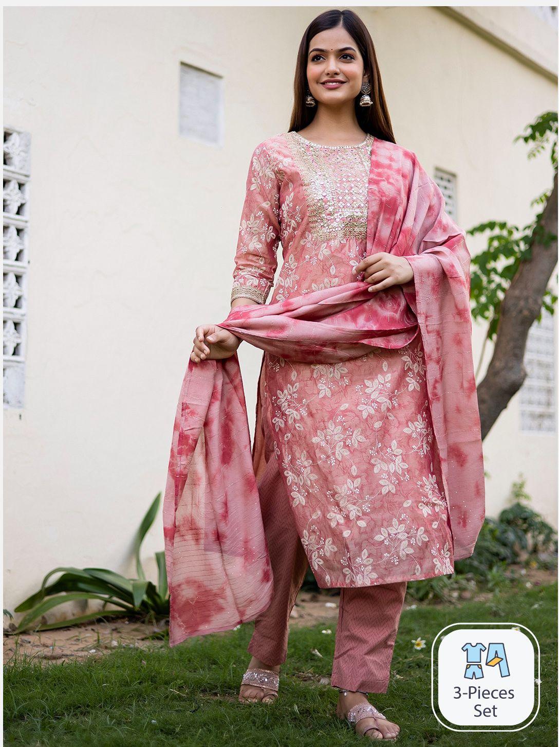 misbis floral embroidered sequinned chanderi cotton kurta with trousers & with