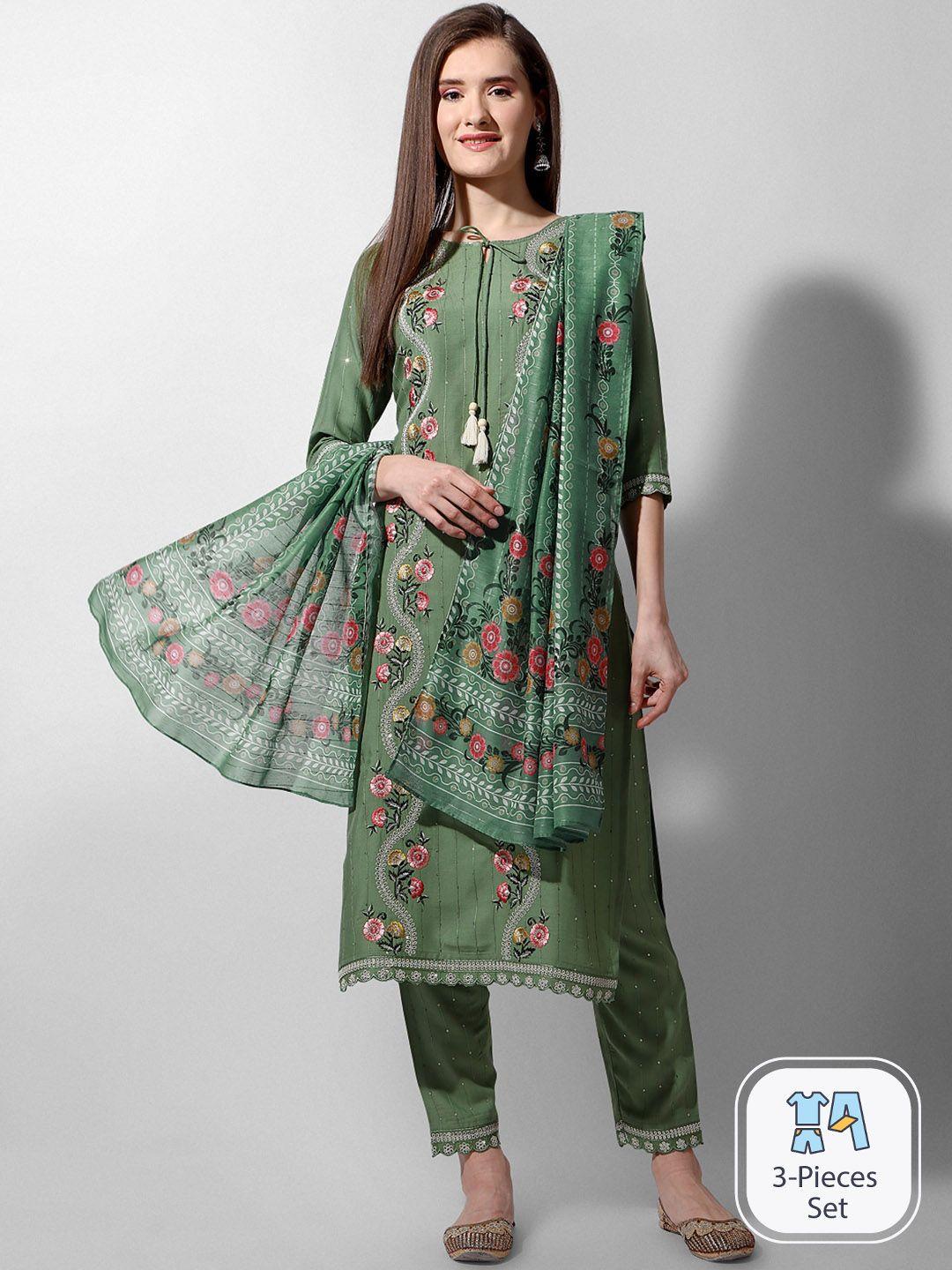 kalini floral embroidered tie-up neck straight kurta with trousers & dupatta