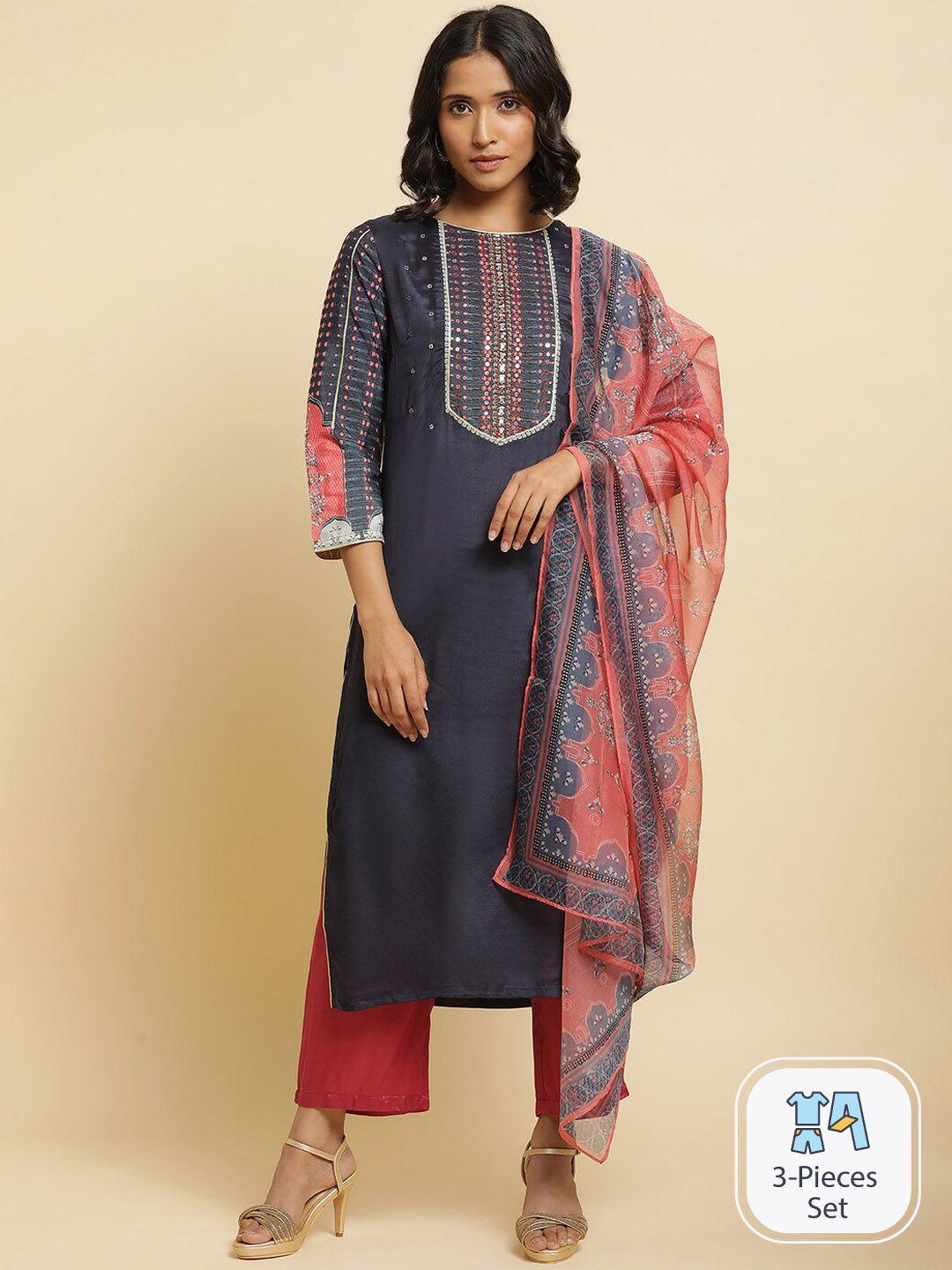 wishful floral yoke design regular beads and stones kurta with trousers & with dupatta