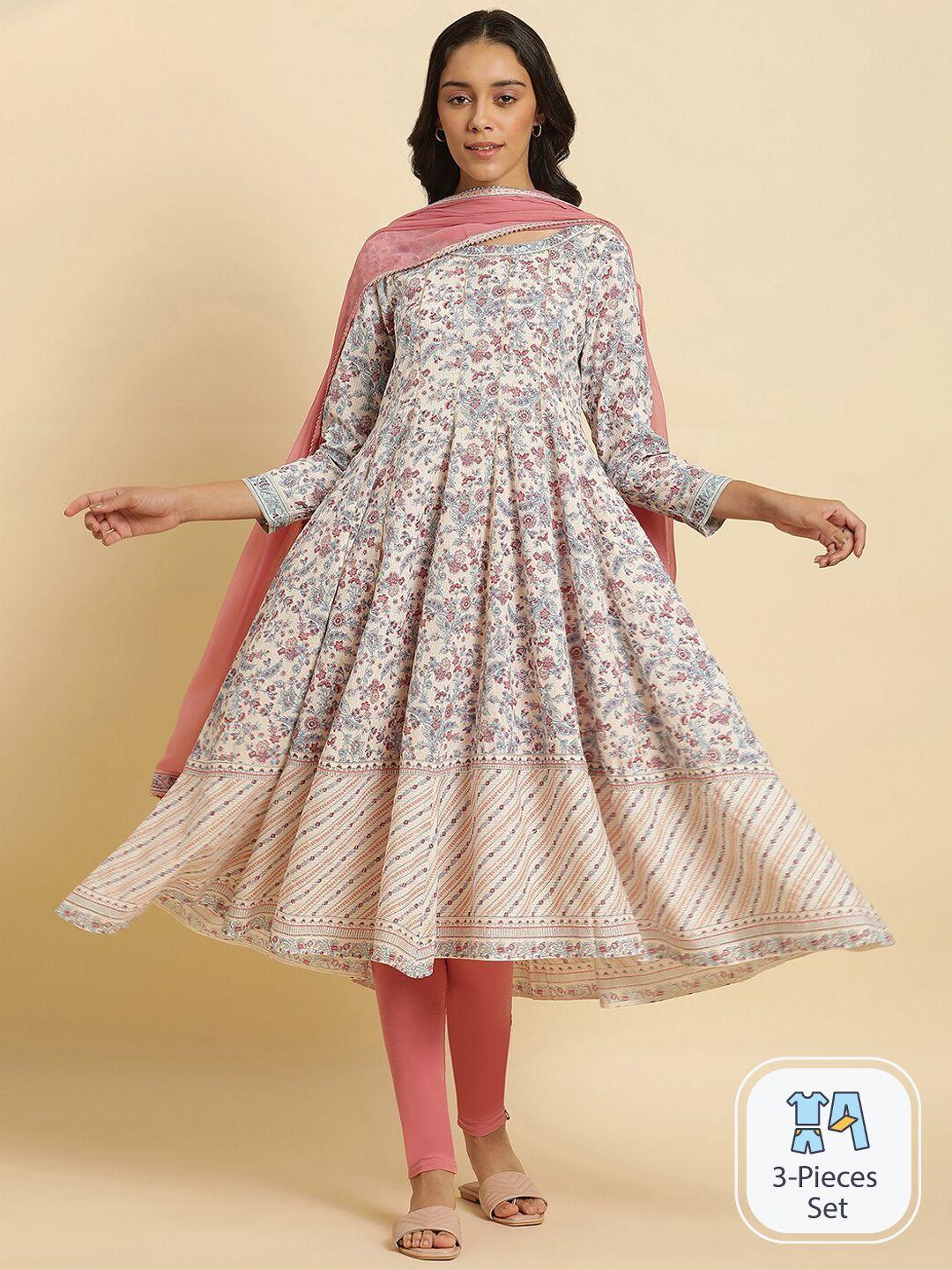 w cream floral printed gotta patti kurta with churidar & with dupatta