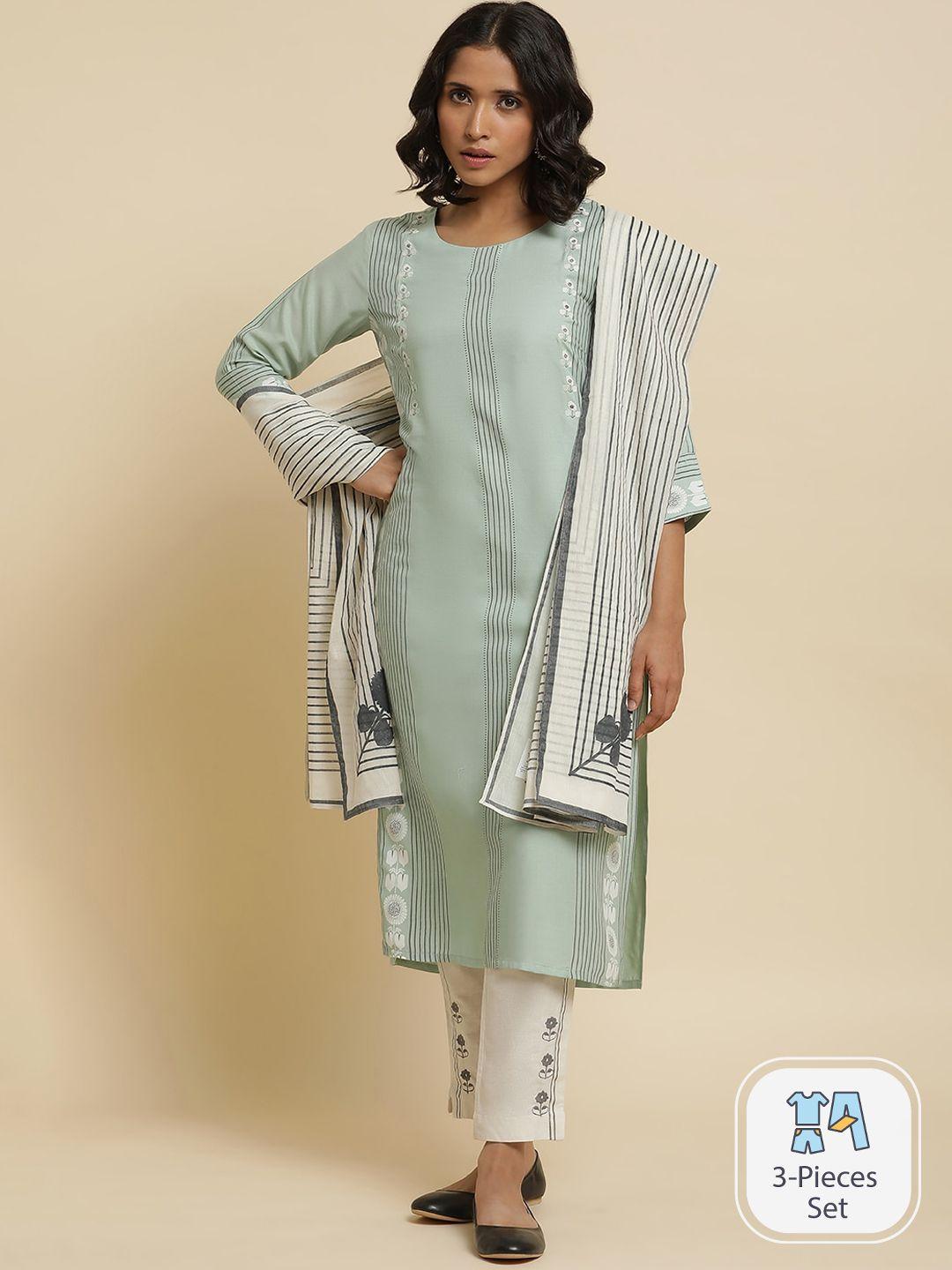 w striped thread work kurta with trousers & dupatta