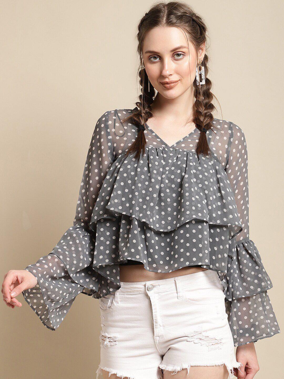 la zoire polka dot printed bell sleeves layered georgette crop top