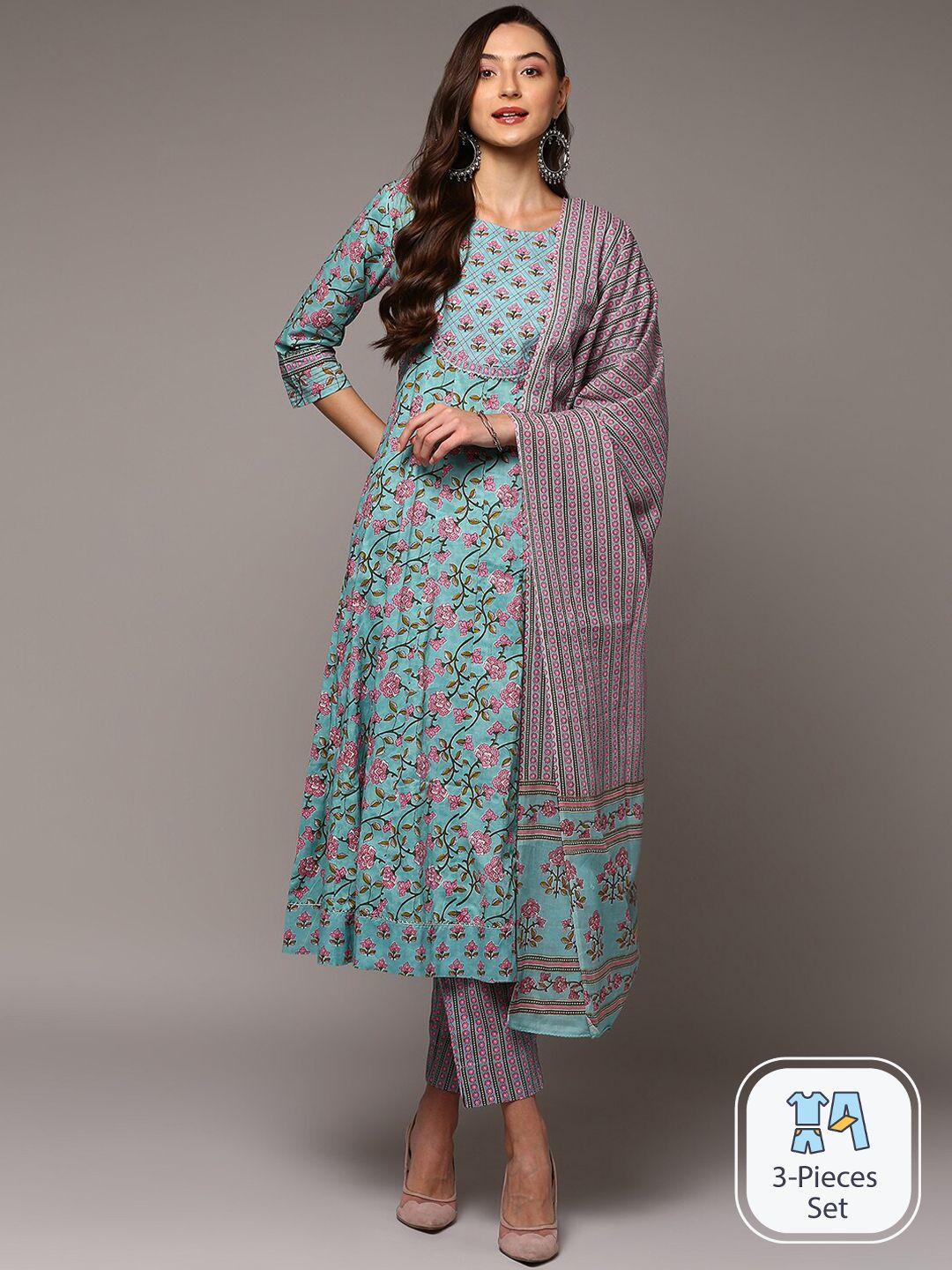 ahika floral printed anarkali pure cotton kurta with trousers & dupatta