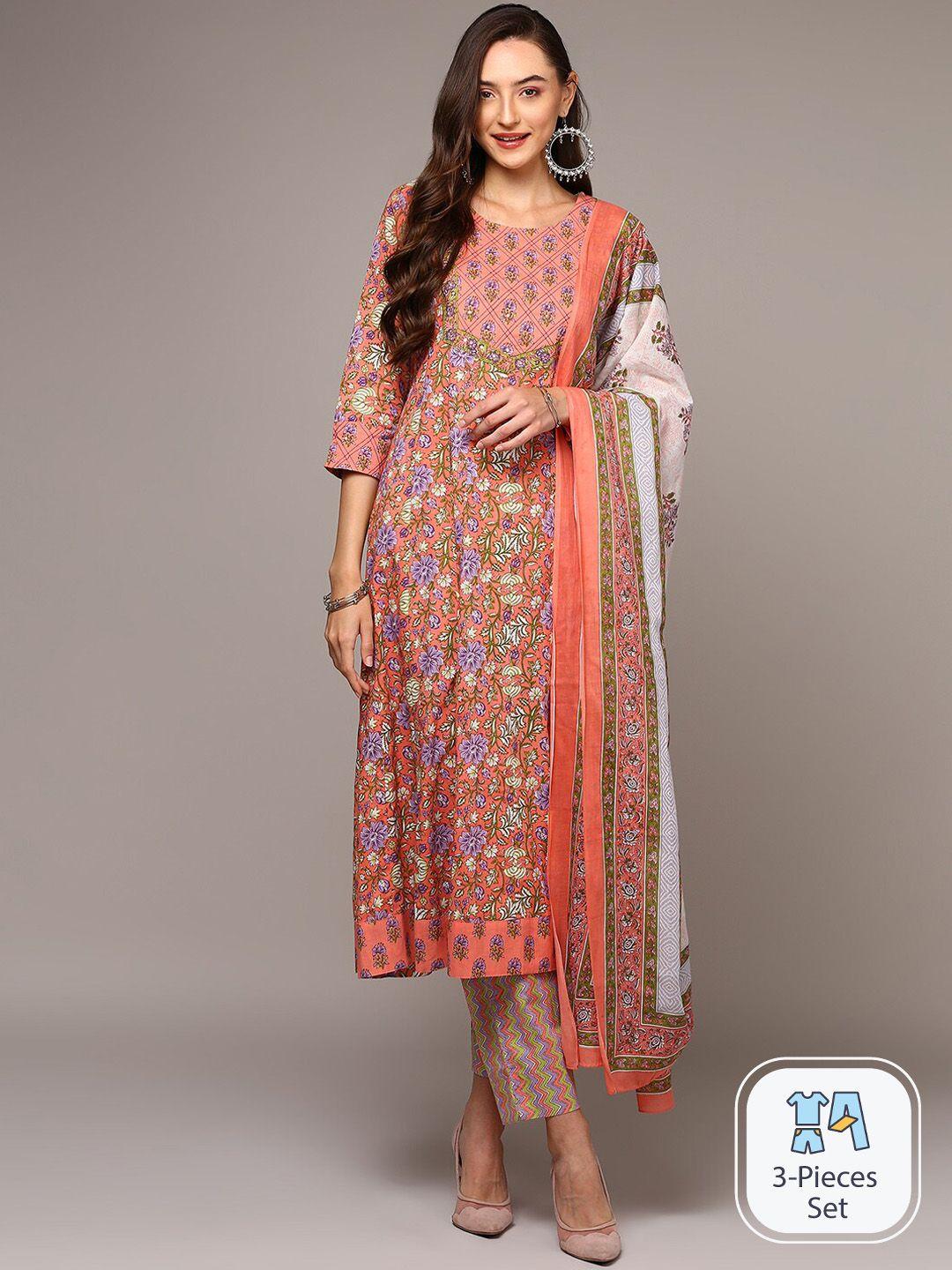 ahika floral printed anarkali pure cotton kurta with trousers & dupatta