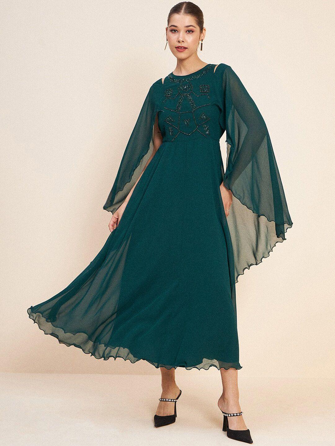 antheaa green slit sleeves embellished detail maxi dress