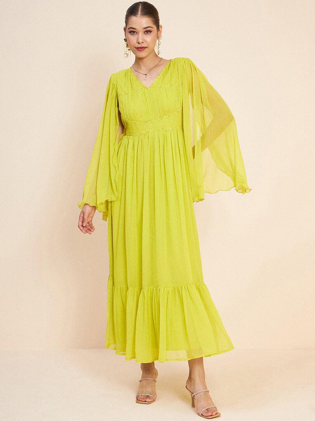 antheaa green v-neck slit sleeves embellished detail maxi dress