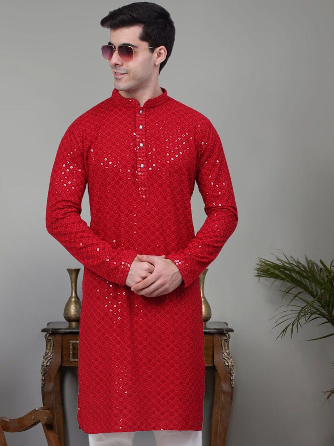 jompers geometric embroidered mandarin collar sequinned pure cotton straight kurta