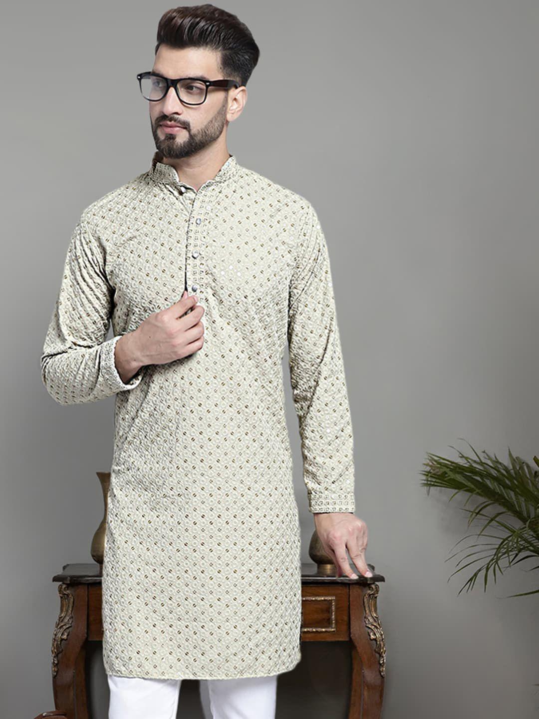 jompers geometric embroidered mandarin collar sequinned pure cotton straight kurta