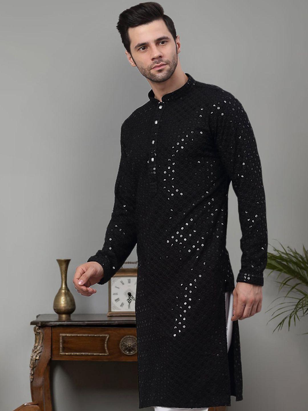 jompers geometric embroidered mandarin collar sequinned pure cotton straight kurta