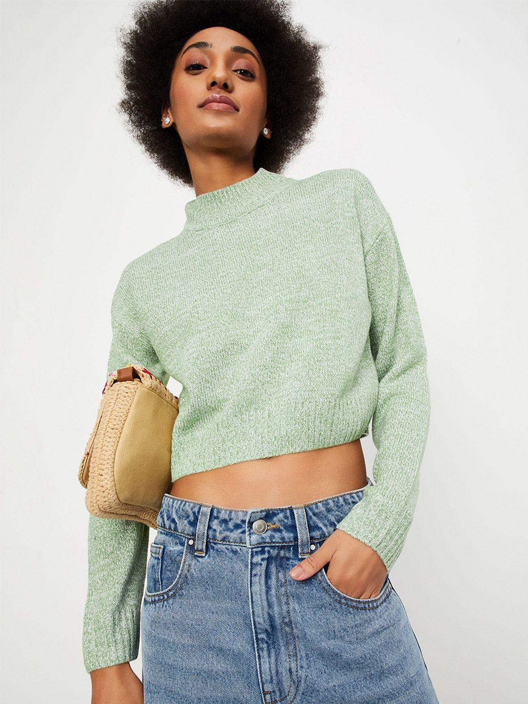 max women green cable knit crop pullover