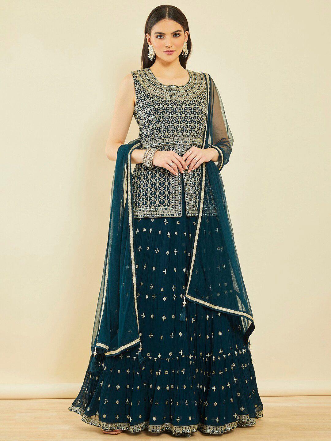 soch teal blue ethnic motif embroidered ready to wear lehenga & blouse with dupatta